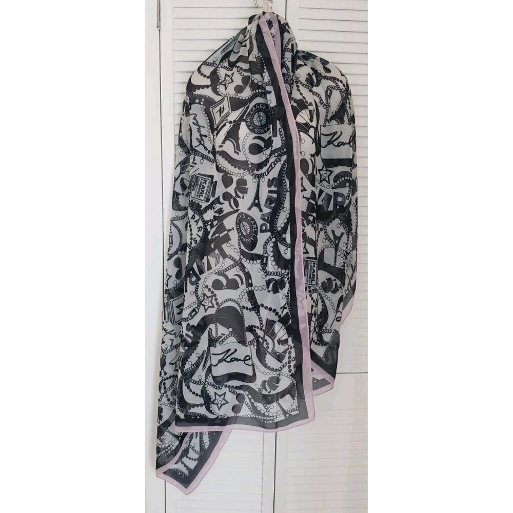 NWT KARL LAGERFELD PARIS ICON MONOGRAM PRINT BLACK GREY SCARF WRAP 35×72 - Picture 1 of 6